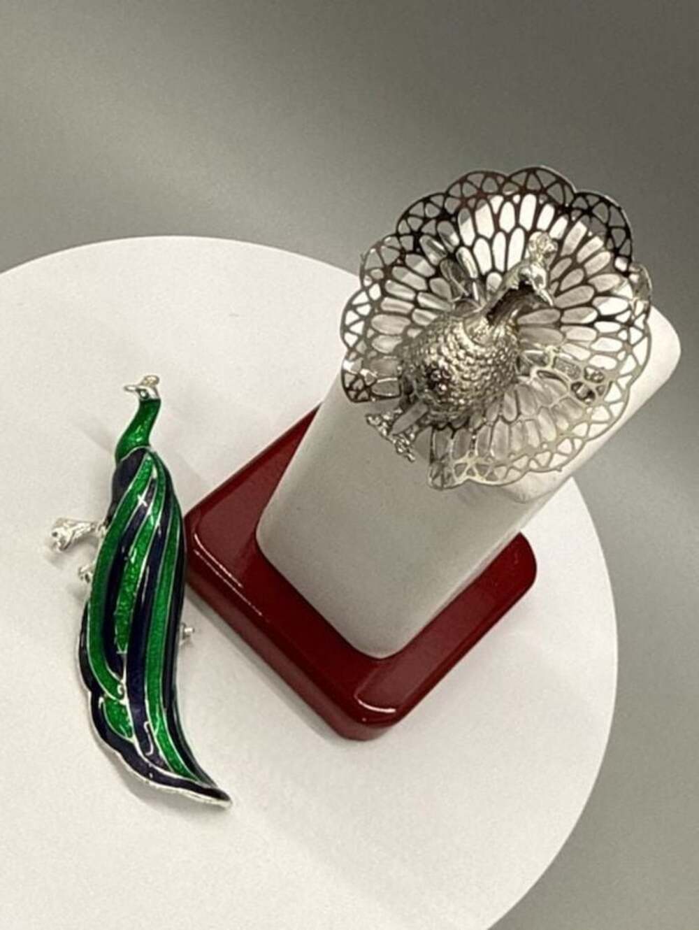 LOT Vtg Peacock Brooches Silver Tone 3D Filigree & Silver Tone Green Blue Enamel